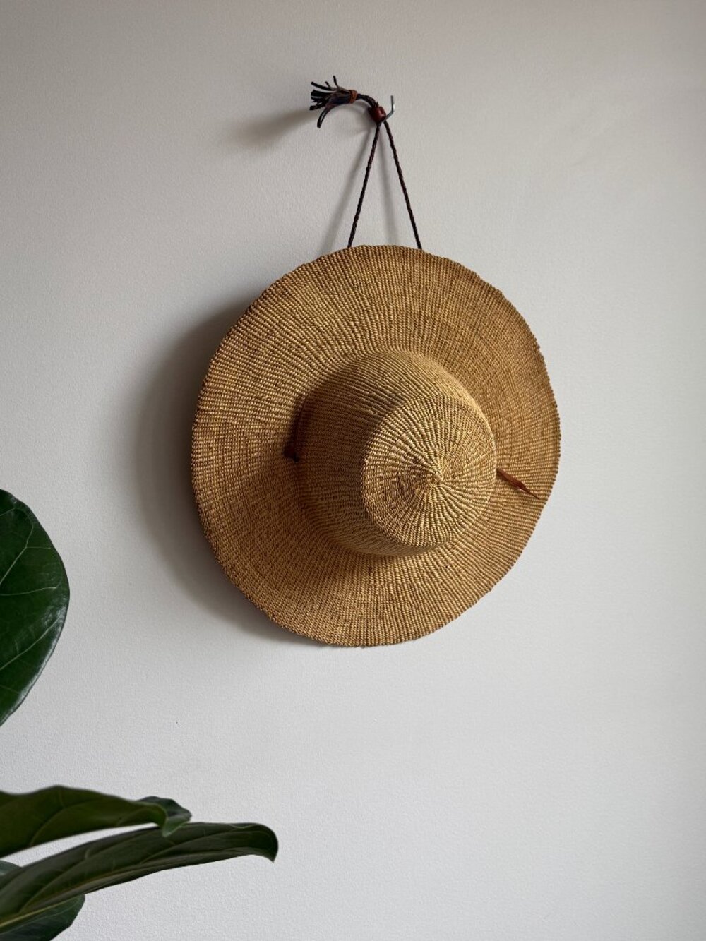 Handwoven Natural Straw Wide Brim Sun Hat Leather Tie